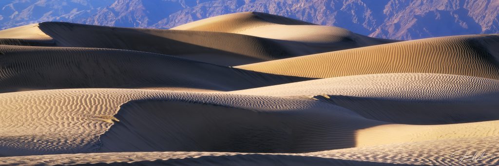 Panoramic desert landscape at sunset in Death Valley with warm light across layered mountains